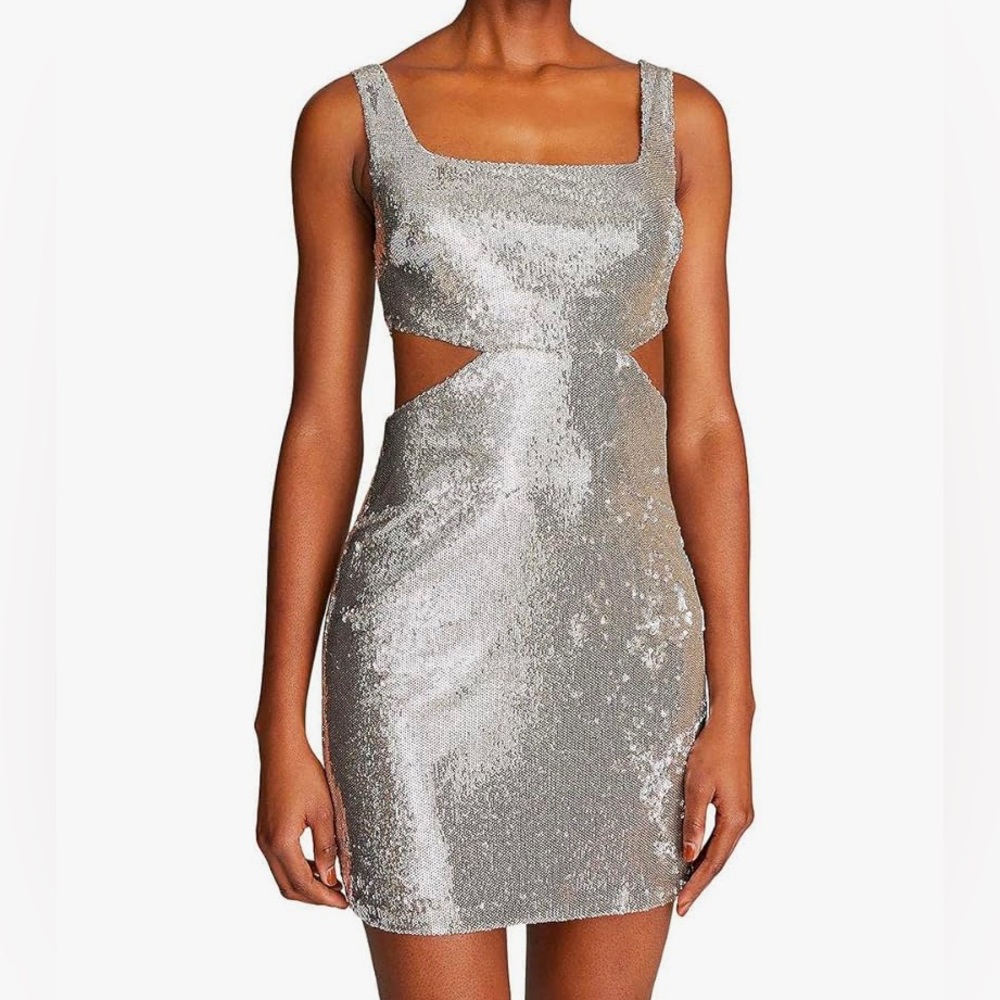 HALSTON Giuliana Silver Sequin Cutout Mini Dress